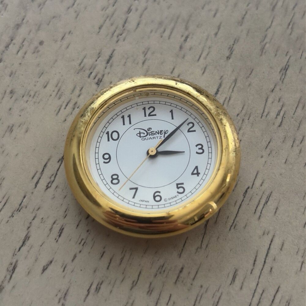 Disney Time Works Gold Toned Clock w/Round White Face Insert 1”W - Rare!!